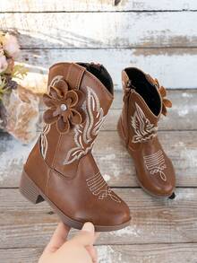 女童复古西部风格刺绣牛仔靴 - 棕色 - 查看 2