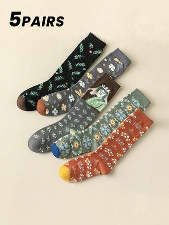 5双装时尚复古抽象小碎花女士中筒袜，柔软舒适，透气吸汗除臭，日常休闲百搭。