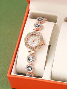 LUCKY FOX Luxury Rose Gold Crystal Inlaid Women's Watch, Elegant Round Dial, Quartz Movement, Fashion Crystal Embellished Timepiece, Arabic Numerals, Suitable For Daily Wear, Dates, Gifts - Rose Gold - View 1