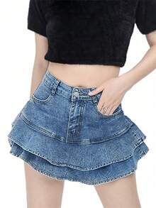 Falda de denim elástica de las mujeres de cintura alta - A-Line Wrap Hem Flounce Mini falda con bolsillos, falda de jeans elásticos Bodycon para las mujeres, faldas de verano informales - Lavado ligero - Ver 4
