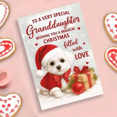 温馨的“致我特别的孙女”圣诞墙饰，以身着节日圣诞老人装束、系着红色蝴蝶结的可爱小狗为主题——充满魔幻气息的节日装饰，点缀着雪花、包装精美的礼物和对挚爱家人的真挚节日祝福。