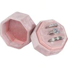Velvet Ring Box, 3 Slots Octagon Jewelry Ring Box Vintage Ring Display Holder Case Wedding Ceremony Proposal Engagement Pearly White - 粉色 - 查看 2