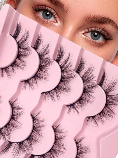  ENCHUW 5对猫眼假睫毛，柔软黑色带子，3D自然假睫毛，蓬松柔软交叉漫画睫毛，纤细自然睫毛嫁接妆容