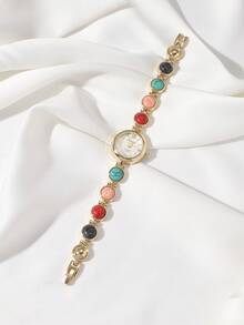 1pc Vintage Elegant Bracelet With Oval & Round Dial Ladies' Fashion Gold Watch, Roman Numeral Scale, Suitable For Daily Wear, Accessories Matching, Party, Birthday Gift