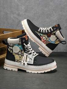 High-Top Men's Shoes, New Autumn/Winter Sports Casual Canvas Graffiti Boots, Men's Work Short Boots
