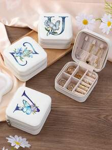 1 Peça Caixa de Joias Portátil com Letra Floral - Forro de Veludo, Caixa de Armazenamento de Mesa, Pode Armazenar Anéis, Brincos, Colares - Leve, Caixa de Joias de Viagem com Zíper, Caixa de Armazenamento de Joias, Caixa de Armazenamento de Maquiagem Portátil Minimalista Clássica com Zíper Quadrada, Caixa de Armazenamento de Acessórios de Joias Criativa Portátil para Brincos, Anéis e Pulseiras - Azul - Visão 2