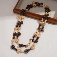 Layered Sweater Chain Retro Vacation Style Handmade Coconut Shell Wooden Beads Multi-Layer Sweater Chain Bohemian Niche High-End Necklace For Women - Vòng cổ - Đỏ - Xem 10