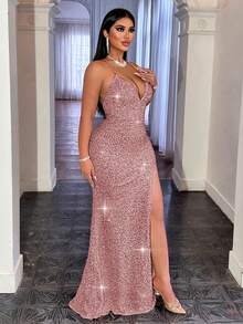 CHOSMO Metallic Chain Strap Backless High Waist Slit Dress, Elegant Formal Gown For Women, Suitable For Gala, Wedding, Cocktail Party