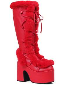Women's Christmas Winter Furry Snow Boots Womens Mid Calf Boots Lace Up Zip Block Chunky High Heel Punk Goth Warm Fur Winter Snow Platform Knee High Boots - 紅色 - 查看 8