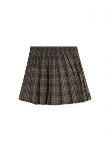 格子全印花休闲沙滩新款复古格子褶皱A字时尚修身裙带衬里，面料随机 - 摩卡棕 - 查看 2