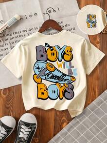 Young Boy Letter & Skateboard Print Round Neck Short Sleeve Casual Versatile T-Shirt - Apricot - View 3