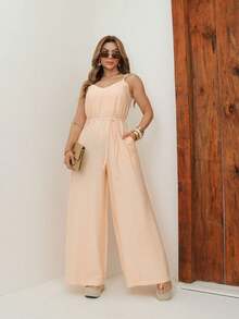 A&DD MODA, REF: Y492 Elegant Women's Jumpsuit With Suspenders, Adjustable Straps And Side Pockets, Casual And Sophisticated Design, Uncomplicated And Chic Look, Women's Jumpsuit Tailored For All Occasions, Modern And Comfortable Style - 米色 - 查看 1