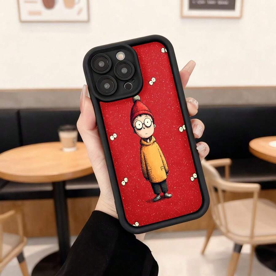 Cubierta de teléfono con borde negro roja con estampado de niño con gorro y abrigo amarillo para uso diario en cafeterías Aplicable a los teléfonos de la serie Apple y Galaxy - Negro - Ver 1