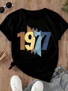 Women's T-Shirts 100% Cotton 2026 Women's Short Sleeve T-Shirt Year 1977 Print Vintage Style Graphic Casual Summer Clothing Loose Fit Elegant Y2K - Black - View 2