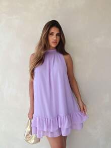 Sleeveless Short Chiffon Dress With High Neck, Ruffled Hem, And Lining - Elegant, Luxurious Party Dress - 紫丁香色 - 查看 4