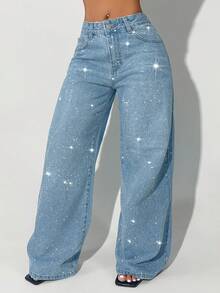 Lässige blaue Jeans der Damen mit tiefer Taille, weitem Bein, Rissen, schrägen Taschen, Kurvenform und Strass-Stickerei - Blau - Übersicht 5