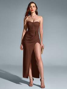PARTHEA Thigh Split Ruched Mesh Bodycon Dress Wedding - Brown - View 10