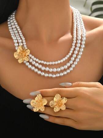 2 Stücke elegantes Blumen-Perlen-Dekor Mehrschicht Halskette & Ohrringe Schmuckset, vintage Luxus Accessoire geeignet für Damen Alltag, Party, Geschenk