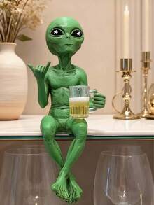 Alien Drinking Beer Sculpture - Amusing Space-Themed Decor, Green Alien Holding Beer Glass. Ideal For Displaying On Desk Or Shelf, Perfect Gift For Sci-Fi Fans | Unique Alien Design | Exquisite Craftsmanship, Alien Decor - Multicolor - View 4