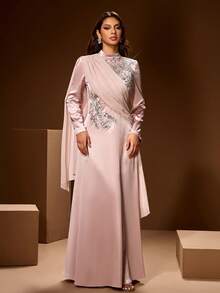 Đầm maxi dài tay cổ đứng màu trơn thanh lịch dành cho nữ, thiết kế xếp nếp bằng chiffon thêu hoa, thích hợp cho các dịp trang trọng như tiệc chiêu đãi, liên hoan, lễ cưới. - Bụi hồng - Xem 1