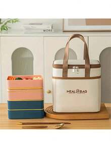 1 件简约隔热拉链午餐袋，轻便随身便当包，适合日常使用 - 白色 - 查看 9