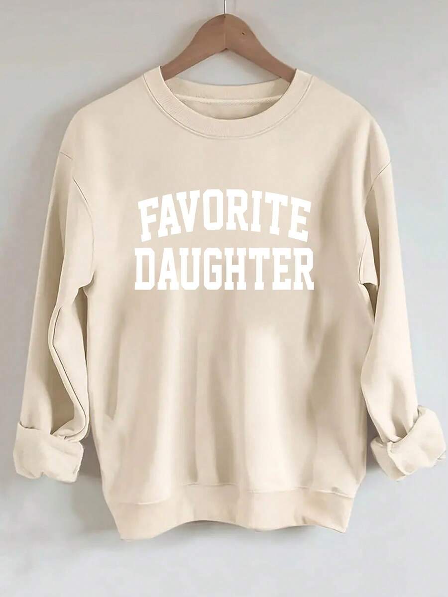 Women'S Pink "Favorite Daughter" Graphic Sweatshirt - Cozy Crew Neck, Long Sleeves With Ruffled Cuffs, Casual Fall/Winter Pullover, Casual Wear | Ruffled Cuff Design | Comfortable Fit - 杏色 - 查看 1
