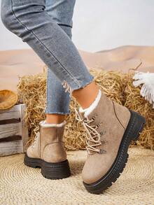 女士搭扣舒适软底雪地靴，圆头系带防滑平底靴，新款冬季黑色休闲保暖加厚绒面短靴，毛绒靴 - 杏色 - 查看 5