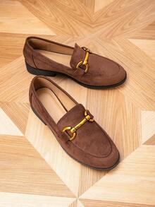 女士乐福鞋，圆头金属扣平底乐福鞋，户外复古平底一脚蹬鞋，女士休闲鞋 - 銅色 - 查看 7