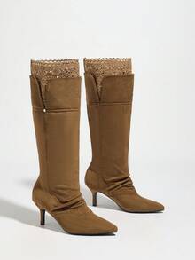 Fall/Winter Vintage Distressed Suede Pointed Toe Lace Patchwork Thigh High Fashion Boots For Women, New Autumn Pleated Versatile Riding Boots,Kitten Heels - Brown - View 4