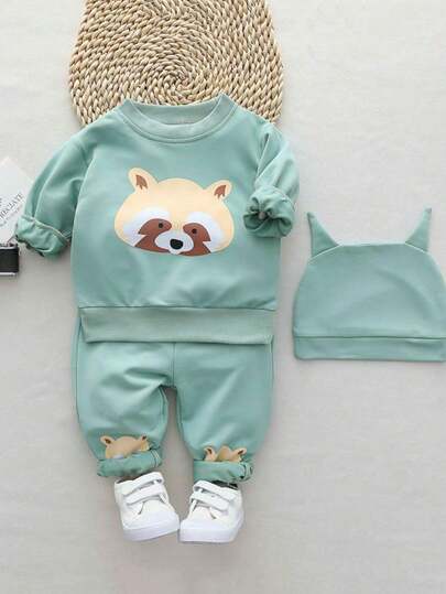 Conjunto de 2 peças, incluindo chapéu combinando, blusa de manga comprida com estampa de desenho animado para crianças e conjunto de calças, primavera/outono