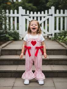 Baby Girl Overalls Sleeveless Heart Embroidery Jumpsuit Flare Suspender Pants Valentines Day Outfit - 橘色 - 查看 3