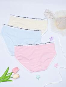3pcs Girls Cute Bow Contrast Letter Elastic Waist Triangle Panties, Soft Breathable Student Sports Underwear