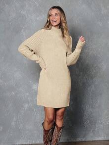 2026 Women's Casual Knit Dress Sweater Dresses For Women  Fall Fashion Mock Neck Long Lantern Sleeve Oversized Outfits Knit Tops Clothes ​ , Bodycon Long Sleeve ​ For Sports Outdoor Wear, Loose Fit Long Sleeve Comfy Daily Outfits For Women - 杏 - 查看 2