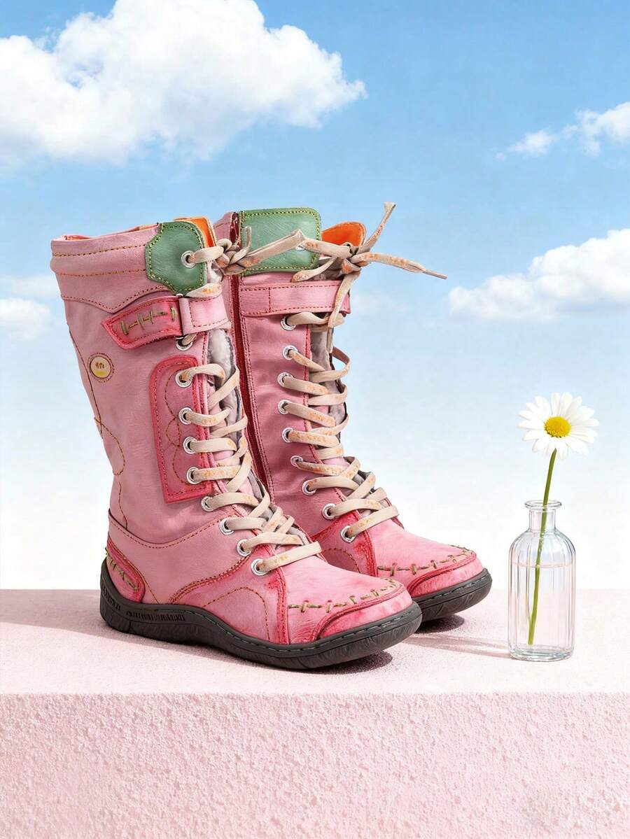 1 Pair TMA EYES Red Women's Artisan Aged Leather Boots - Mid-Calf Vintage Boots With Side Zipper, Hand-Crafted Stitching & Non-Slip Sole,Boots For Women - 紅色 - 查看 1