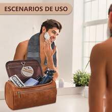 Neceser de Cuero para Hombre, Bolsa de Aseo de Piel con Gancho y Manija, Gran Capacidad y Impermeable, Organizador de Viaje de Baño con Múltiples Compartimentos para Artículos de Aseo. (Negro) - Negro - Ver 2