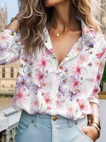 彩色花卉印花长袖休闲衬衫 - 白色 - 查看 5