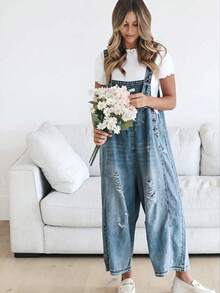 Women's Casual Light Wash Ripped Denim Overalls, Baggy Wide Leg Jumpsuit Mothers Day Outfit.Summer Outfits For Women - 深色水洗藍 - 查看 3