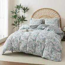 HoneiLife - Funda de edredón botánica tamaño King 100% algodón juego de ropa de cama floral con cierre de cierre y lazos en las esquinas juego de funda de edredón de flores silvestres verde - Hojas verdes - Ver 3