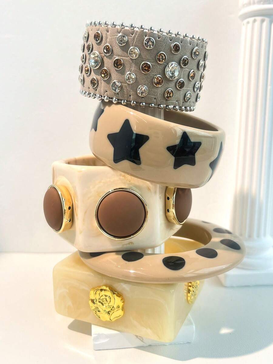 1pc Handmade Resin Bracelet In Milky Tea Color, Multi-Element Design With Stripes And Rivets, Suitable For Daily Wear And Parties, Great Gift For Family And Friends, Autumn/Winter