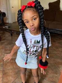 Kids Long Braided Ponytail Synthetic Hair Extension With Bow,With Bead In The End, High Elasticity Hair Tie Design,Ponytail Accessories 1pc - Natural Black - View 3