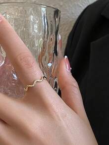 1pc S925 Sterling Silver Wave Design Synthetic Zirconia Stone Women's Ring, Elegant & Suitable For Daily Wear - Yellow Gold - View 5