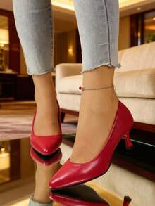Red Elegant Pumps, Gentle Autumn Casual Kitten Heel Pointed Toe Slip-On Shoes For Women - Red - View 3
