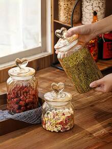 1pc Heart Shaped Glass Storage Jar With Airtight Lid, Transparent Candy/Food/Spice/Salt/Sugar/Coffee/Tea Container, 500ml/800ml/1200ml - Transparent Water Droplets - View 7
