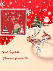 MONALLY 圣诞驯鹿角锆石可调节戒指，粉色锆石首饰，优雅圣诞首饰盒礼品（女士） - 戒指+紅色盒子9*9 - 查看 3