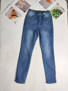 冬季保暖内衬紧身洗水牛仔裤 - 中藍 - 查看 6