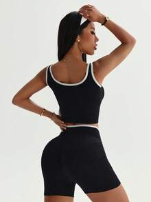 2pcs Women's Sports Set: Off-Shoulder Backless Tank Top + Shorts - Shaping, Slimming, Lifting, Leg Flattering, Suitable For Yoga, Fitness, Outdoor Activities And Casual Wear, Solid Black - Black - View 3