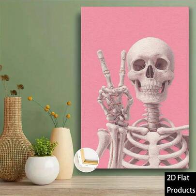 Selección superior 2D plana, 1 pieza Impresión de arte de pared de esqueleto gótico - Póster de calavera minimalista y rosa pastel con marco, diseño de panel plano para uso en interiores/exteriores, estilo granja/clásico/art decó - Fácil de colgar