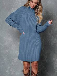 2026 Women's Casual Knit Dress Sweater Dresses For Women  Fall Fashion Mock Neck Long Lantern Sleeve Oversized Outfits Knit Tops Clothes ​ , Bodycon Long Sleeve ​ For Sports Outdoor Wear, Loose Fit Long Sleeve Comfy Daily Outfits For Women - 藍色 - 查看 3