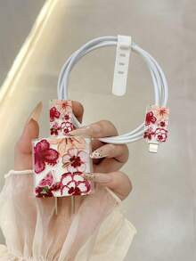 石榴花卉图案透明充电保护套，带绕线器，兼容苹果 16/15、14 Pro Max、13、12、11 英寸机型 - 耐用 TPU 数据线保护套 - 彩色 - 查看 3