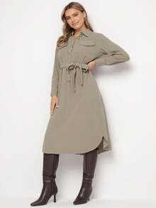 Robe chemise en coton unicolore avec ceinture à nouer pour femmes - Vert - Voir 1